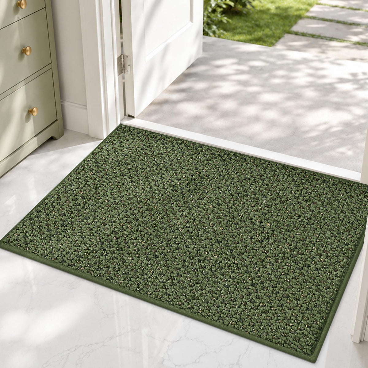 COSY HOMEER felpudo frontal verde mostrando diseño y beneficio de limpieza
