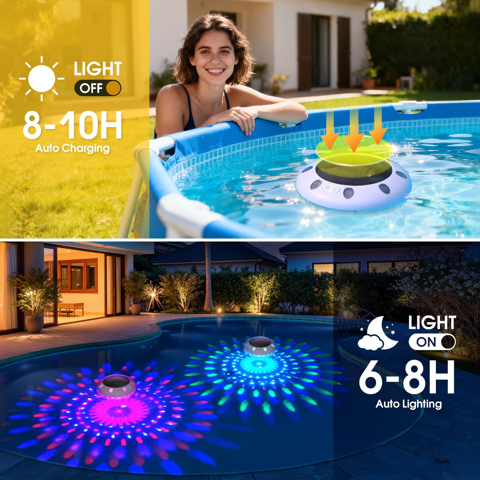 Covfirst luz flotando en piscina nocturna creando ambiente vibrante para fiestas