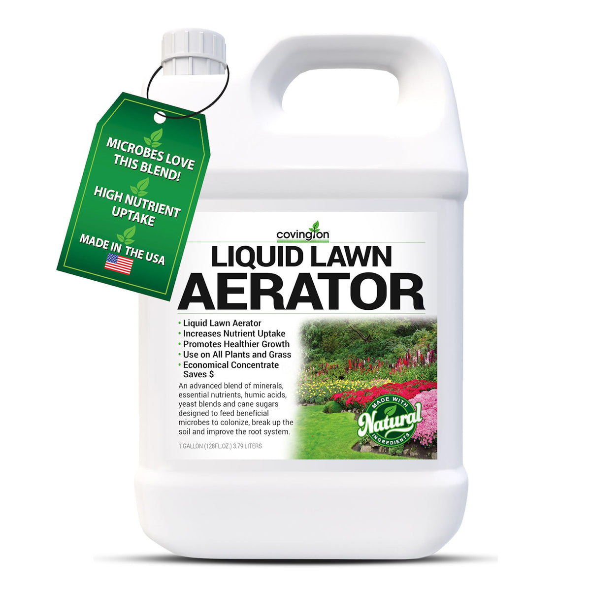 Covington Naturals frente de la botella de 1 galón mostrando etiqueta y diseño, fácil identificación