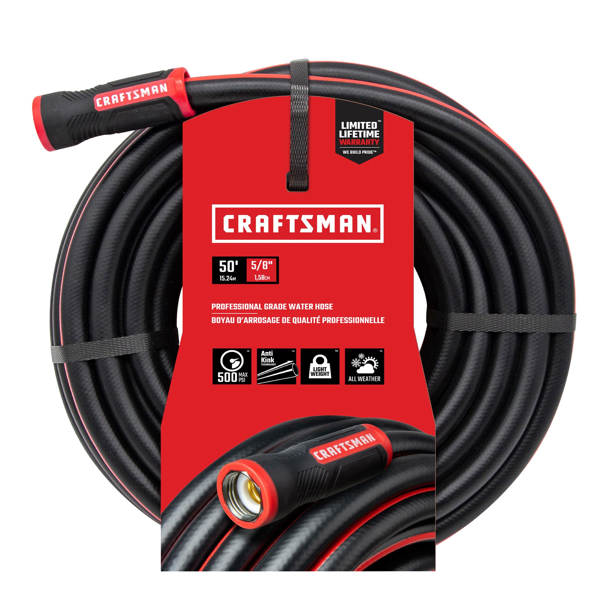 Craftsman manguera frontal con embalaje mostrando longitud y diseño durable
