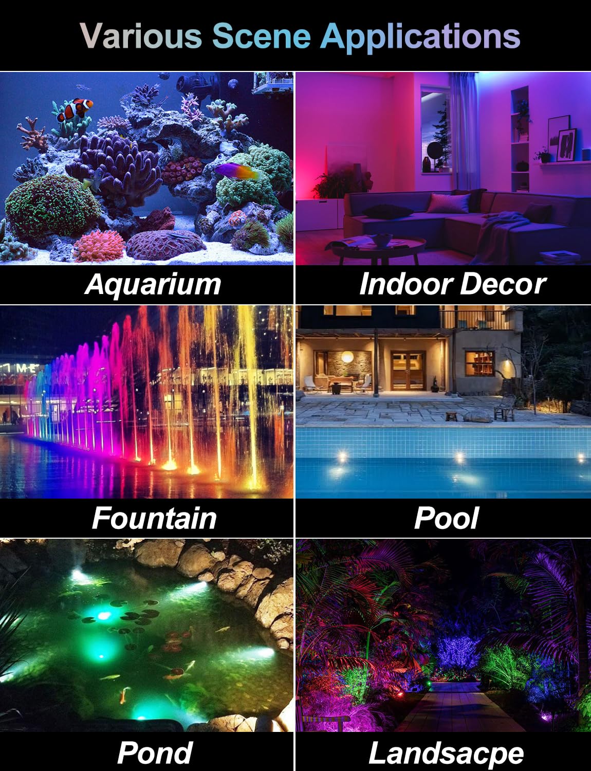 CREPOW vista de jardín y piscina iluminados resaltando efecto decorativo