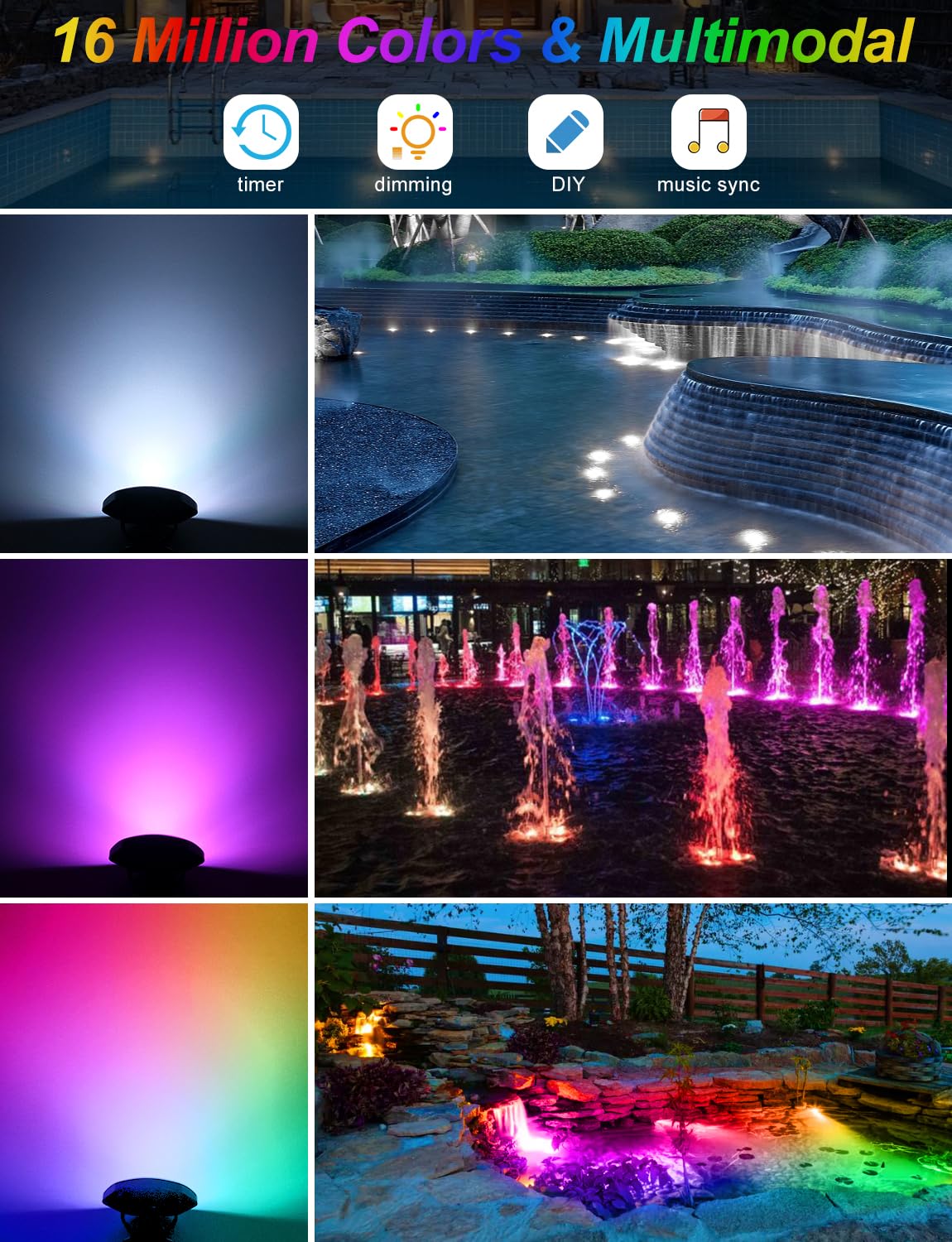 CREPOW luces sumergidas en estanque creando ambiente nocturno vibrante