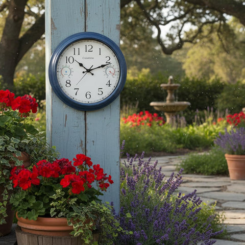 Crosstime reloj colgado en patio junto a piscina, estilo y función