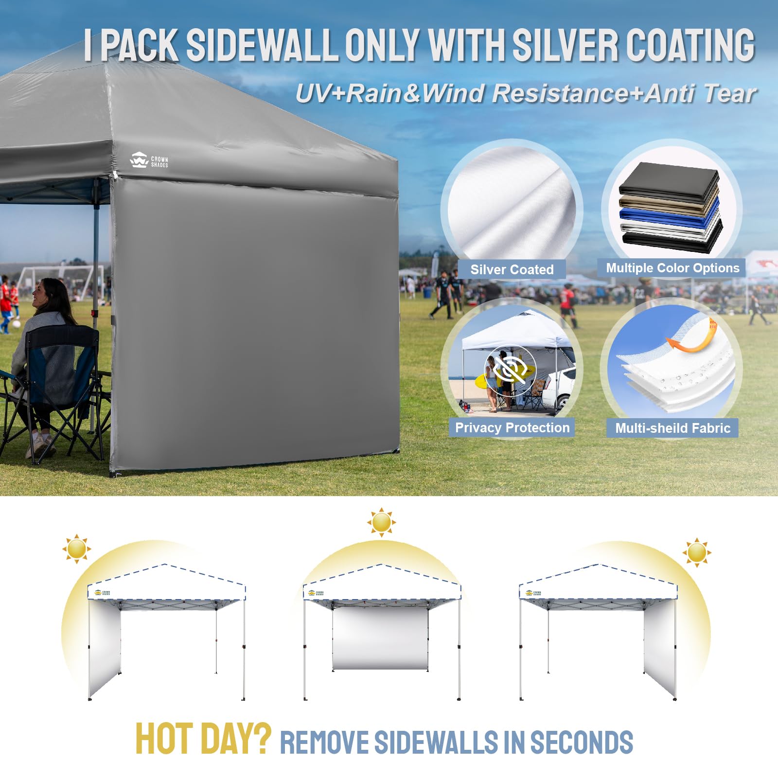 CROWN SHADES comparación de tamaño 6x8 frente a carpa 8x8 para ajuste claro