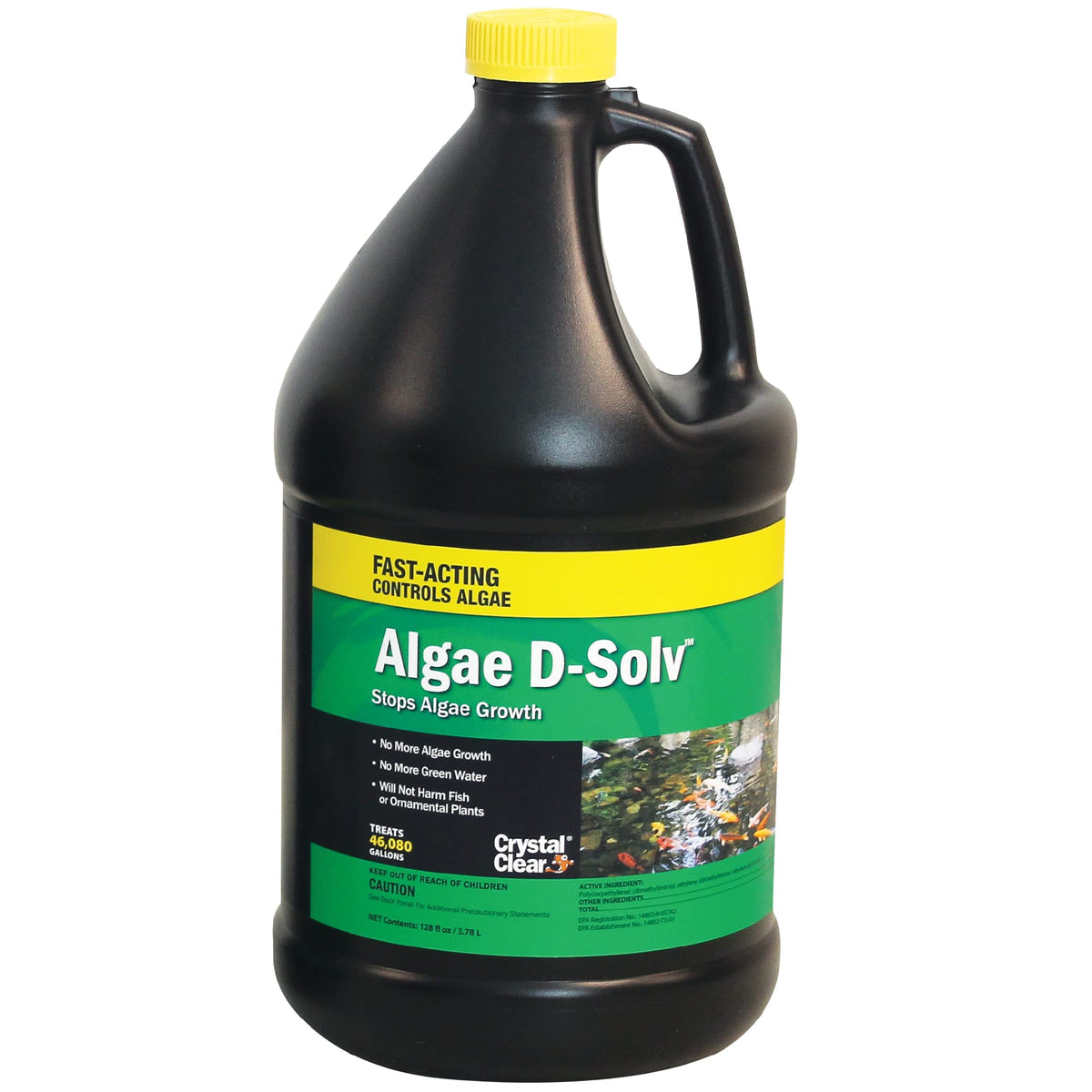 CrystalClear envase frontal de Algae D-Solv mostrando 1 galón y fácil dosificación