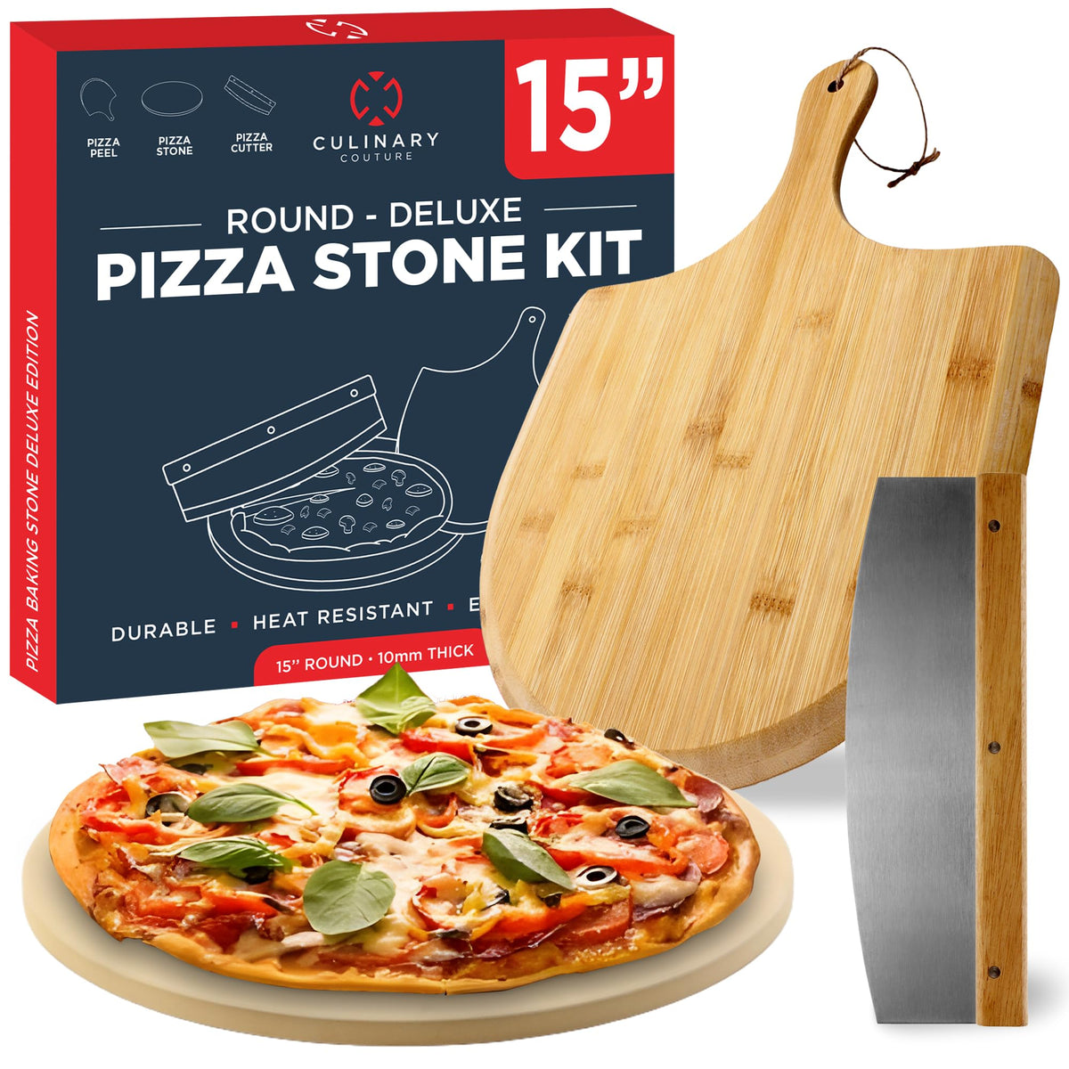 Culinary Couture piedra para pizza frontal mostrando tamaño y borde, facilita corte y horneado uniforme