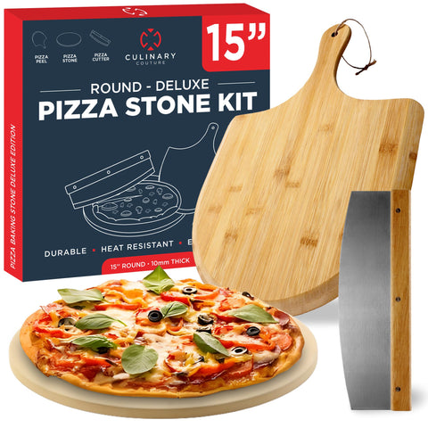 Culinary Couture piedra para pizza frontal mostrando tamaño y borde, facilita corte y horneado uniforme