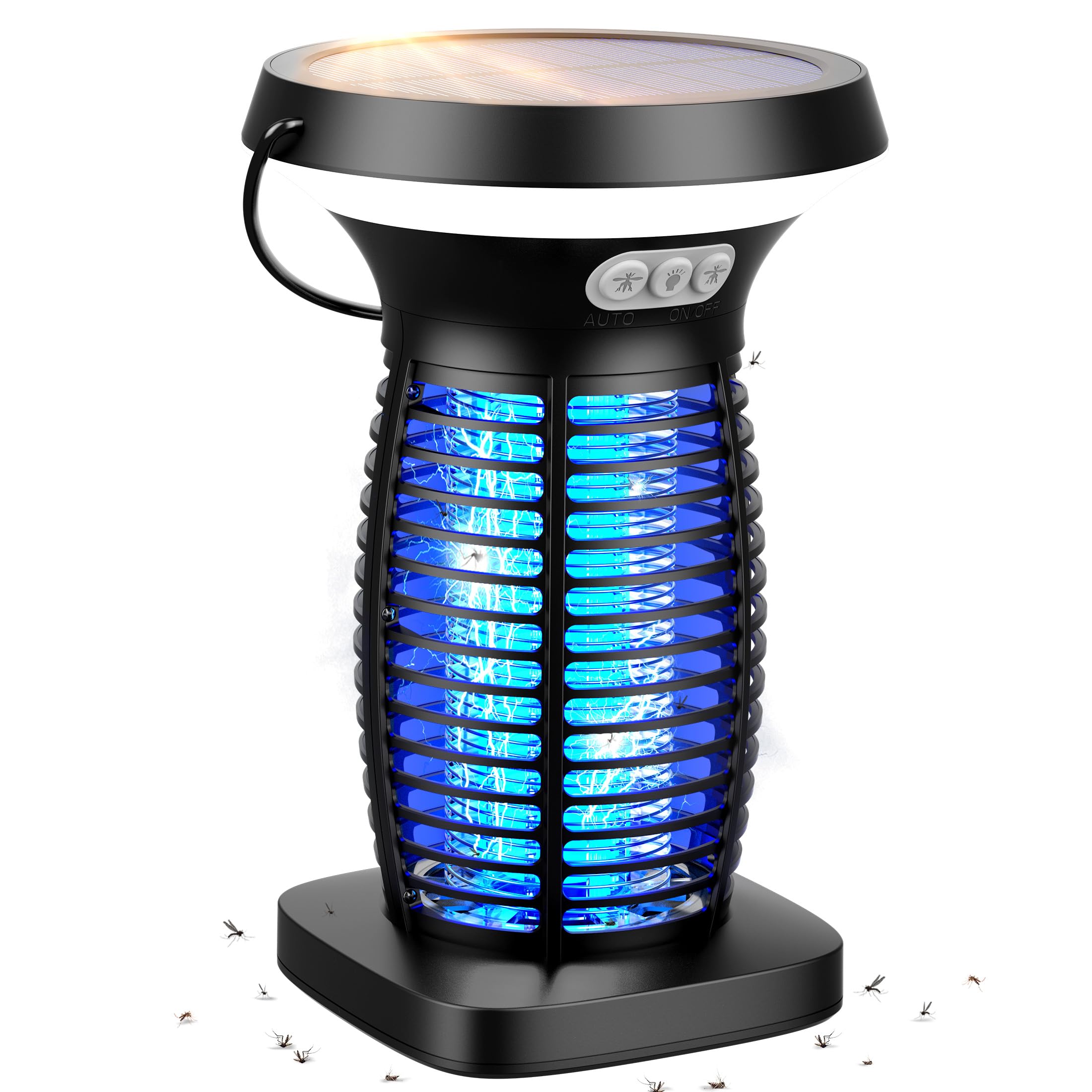 CXBER vista frontal del zapper solar mostrando la luz UV y rejilla — control de insectos eficaz