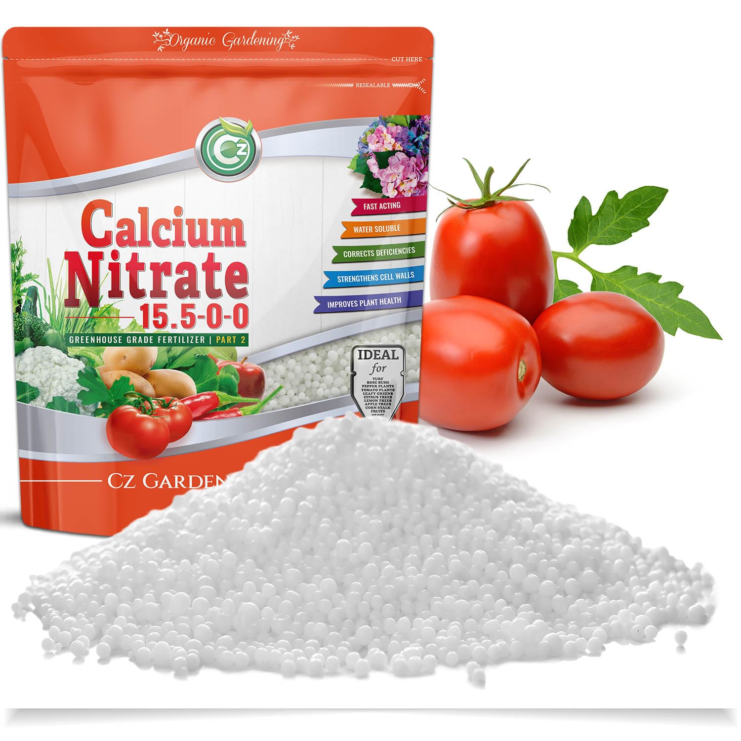 Cz Garden frente del empaque mostrando bolsa resellable y beneficio de almacenamiento