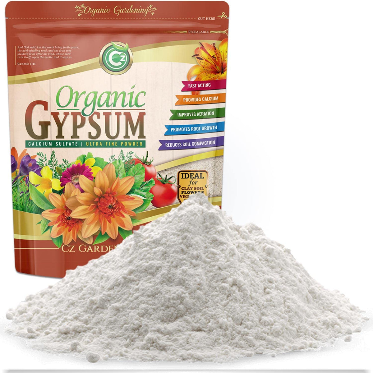 Cz Garden paquete frontal 5 lb mostrando envase resellable y etiqueta OMRI