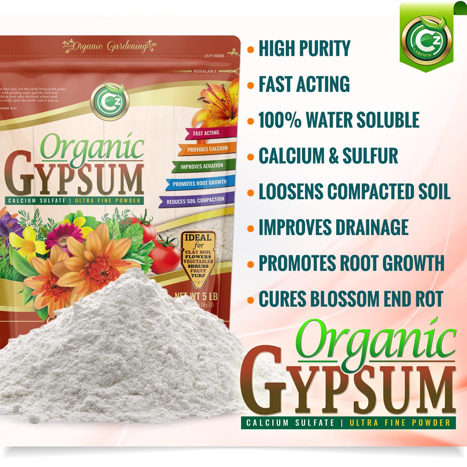 Cz Garden polvo de yeso en primer plano mostrando fineza y pureza