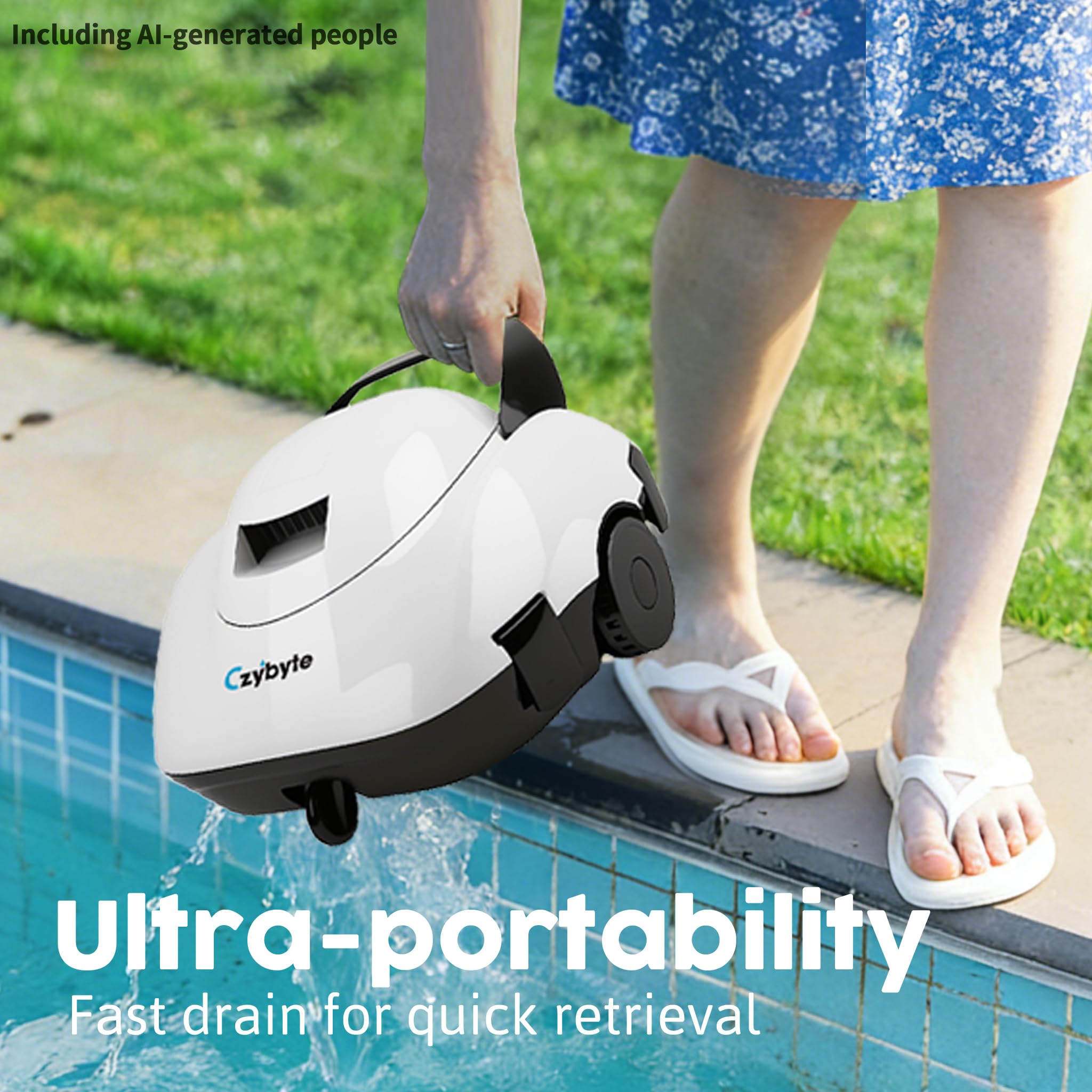 CZYBYTE robot en agua limpiando el fondo, mantiene la piscina libre de hojas