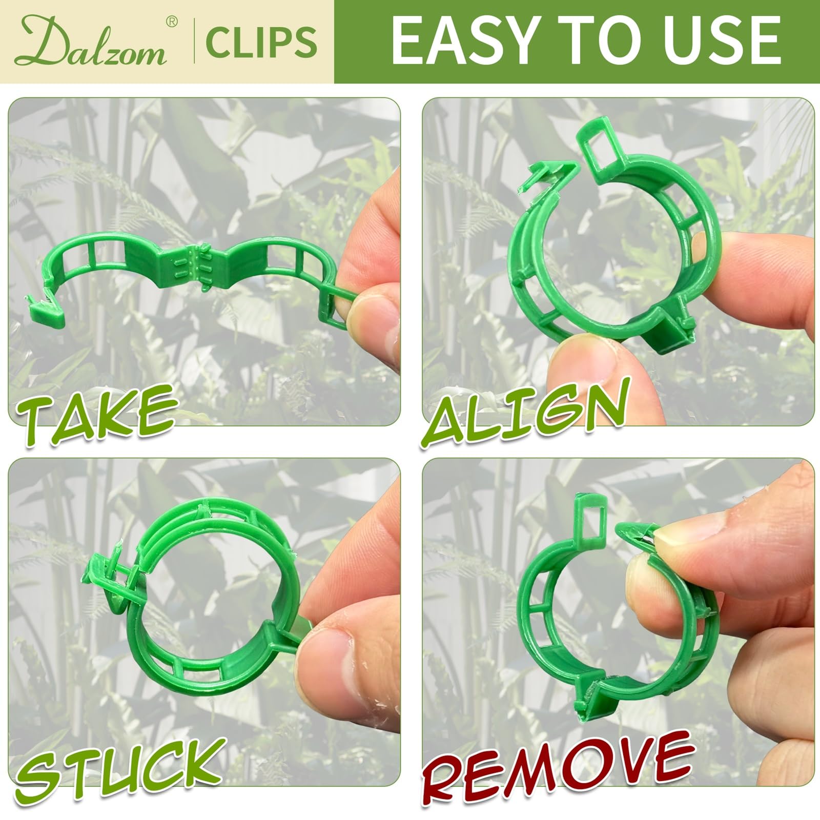 Dalzom clip sujetando rama de tomate y beneficio soporte seguro