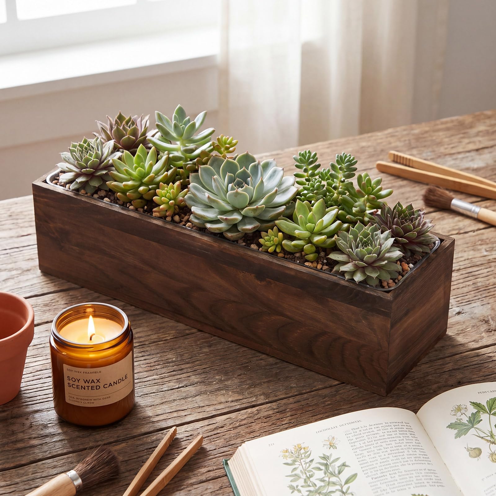 Dandat caja en uso como centro de mesa decorativo con flores