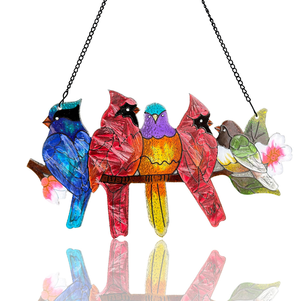 DASTOLL colgante frontal con cinco pájaros mostrando colores vivos y encanto