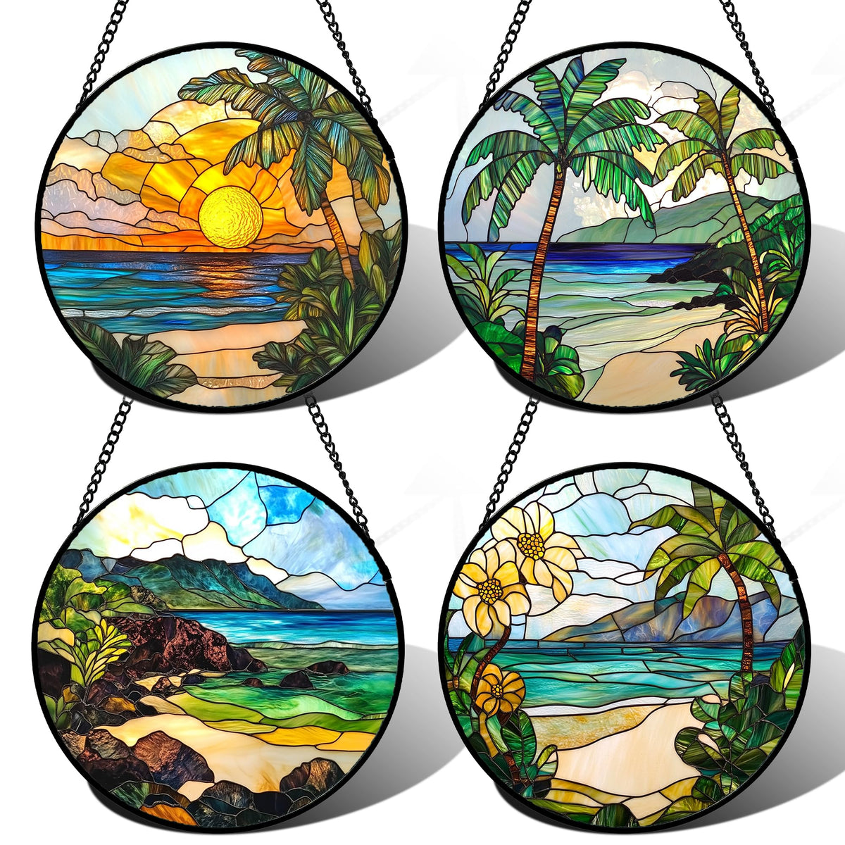 DASTOLL vista frontal del set de cuatro atrapasoles con colores oceánicos y palmera, aporta calidez