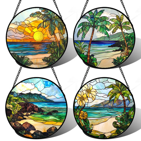 DASTOLL vista frontal del set de cuatro atrapasoles con colores oceánicos y palmera, aporta calidez