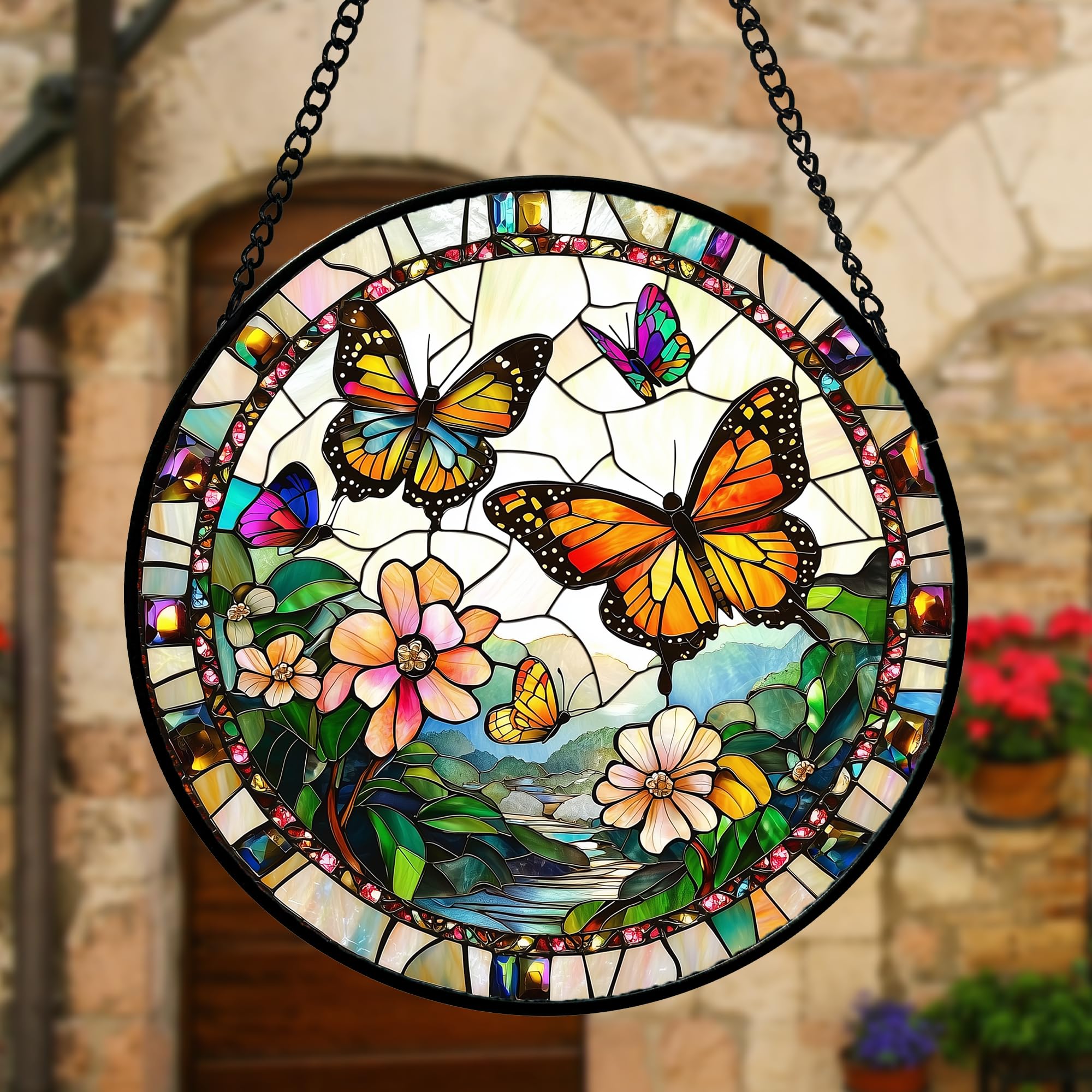 DASTOLL vitral en ventana iluminado creando reflejos coloridos