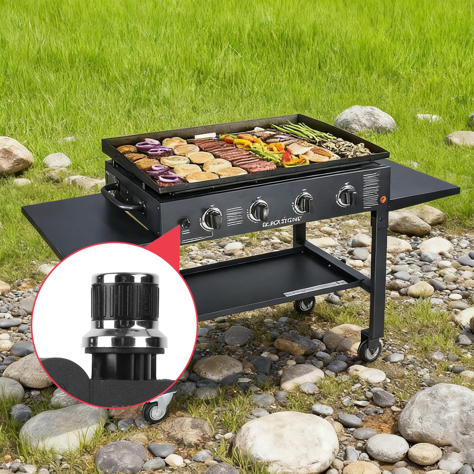 DcYourHome griddle en uso con kit instalado, encendido confiable en parrilla