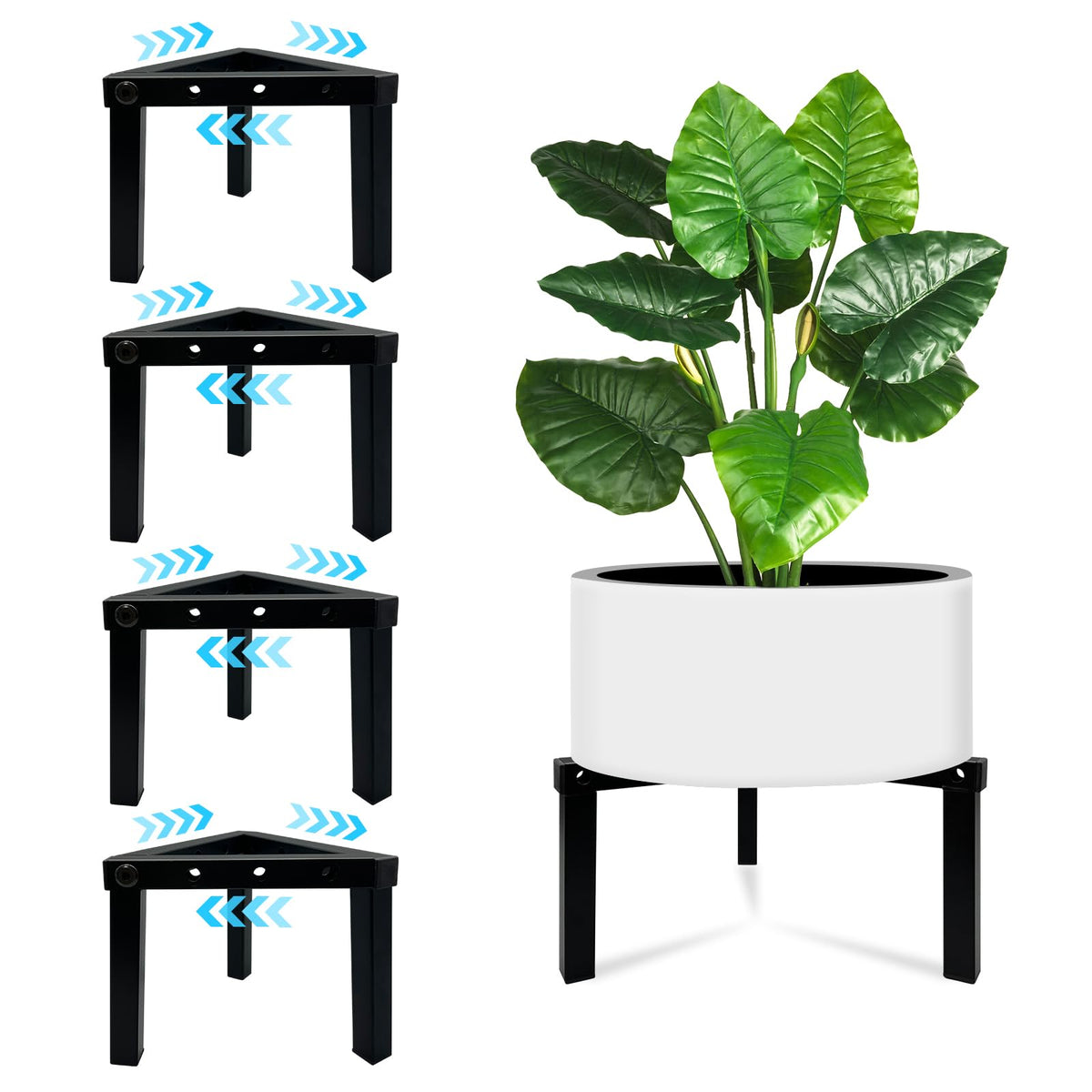 DDPow vista frontal del pack de 4 soportes metálicos para macetas resistente y compacto