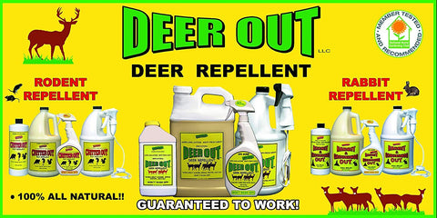 DEER OUT comparación de tamaño del galón junto a herramientas de jardín
