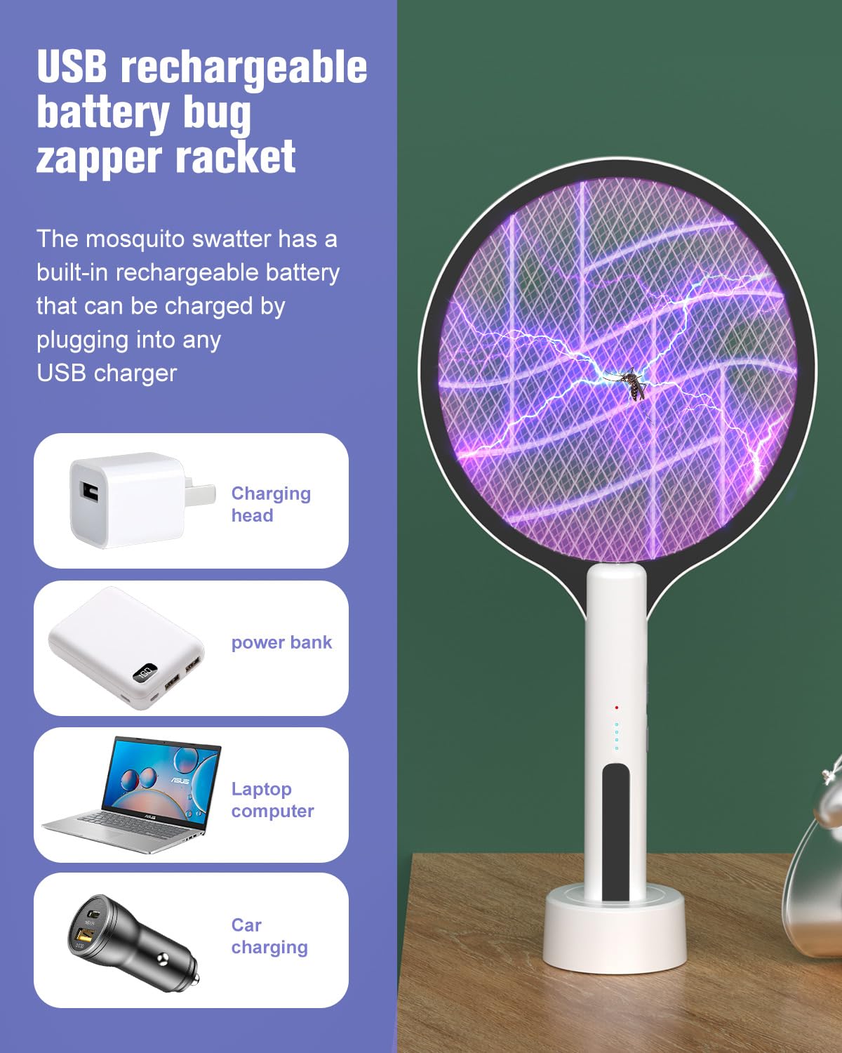 DEEZEE raqueta en base mostrando indicadores LED y carga clara