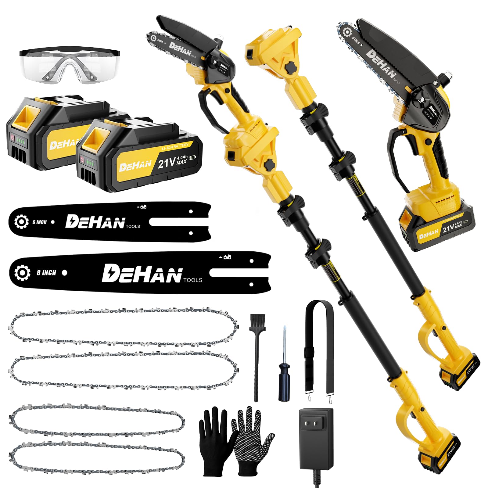 DEHANTOOLS vista frontal del equipo mostrando pértiga y motosierra, fácil manejo