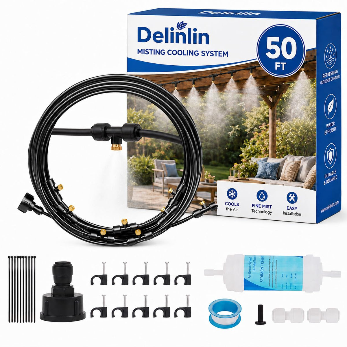 Delinlin vista frontal del kit con accesorios y tubería ofreciendo instalación rápida