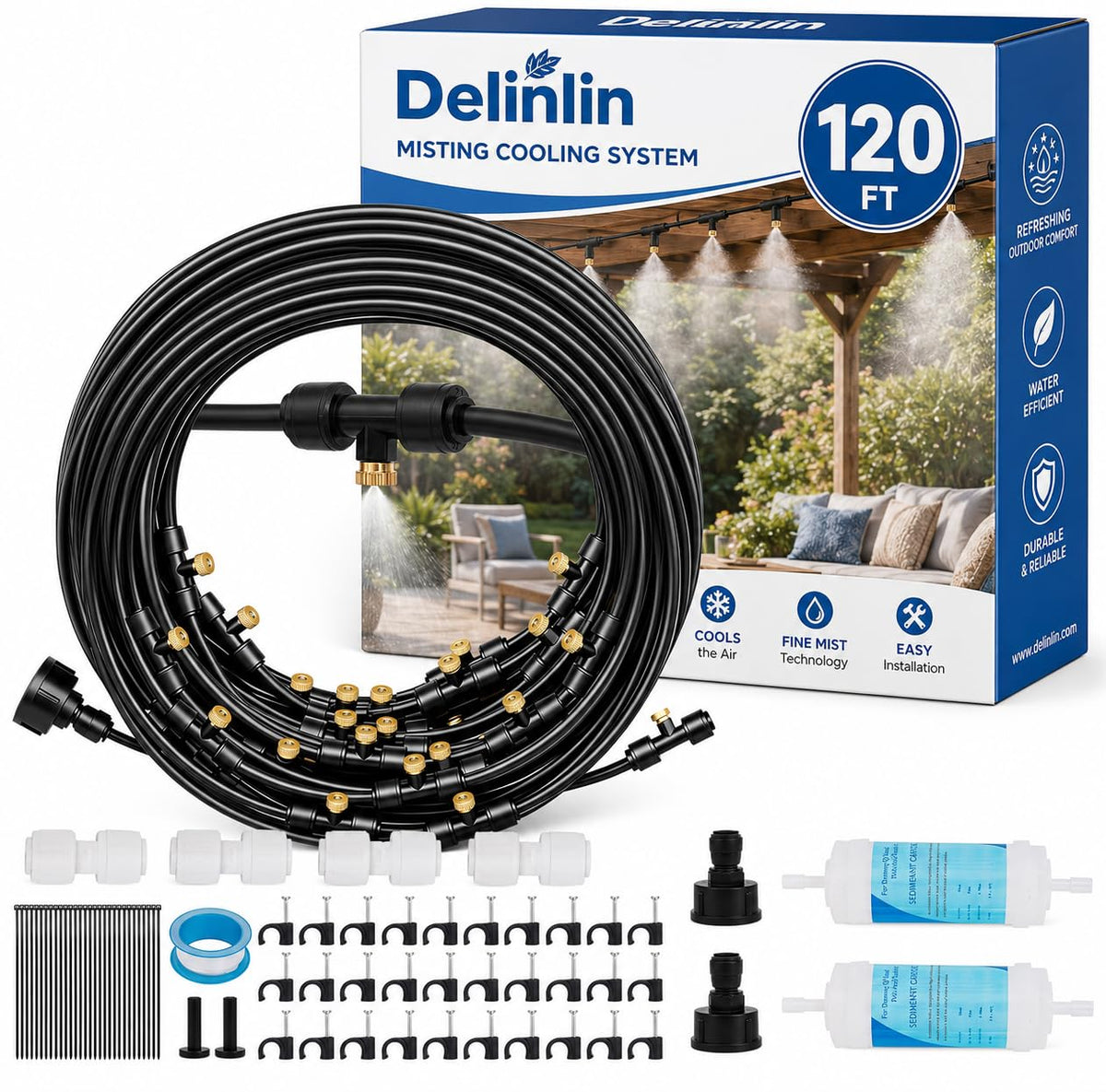 Delinlin frontal del paquete del kit mostrando componentes y beneficio de instalación rápida
