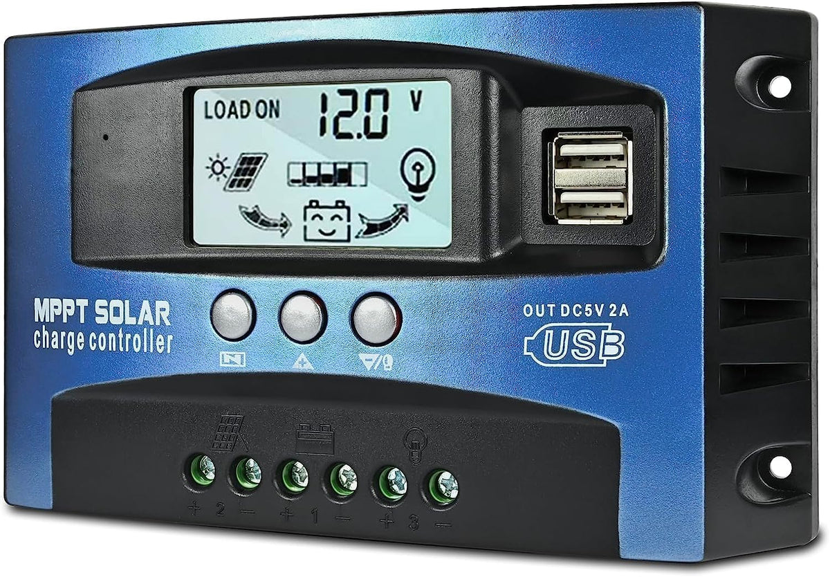Depvko controlador 100A vista frontal con pantalla y botones, instalación fácil