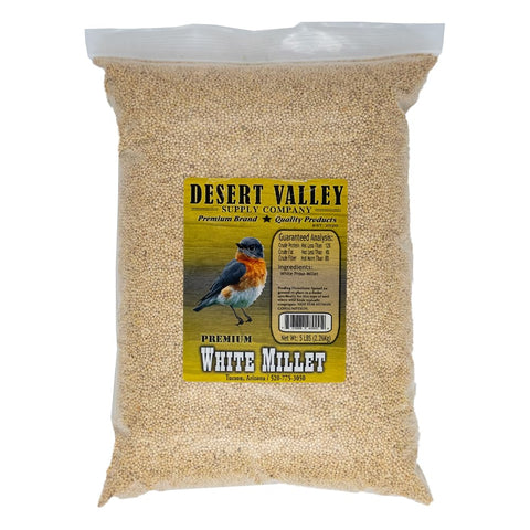 Desert Valley envase frontal de mijo blanco mostrando la bolsa resellable y beneficio de frescura