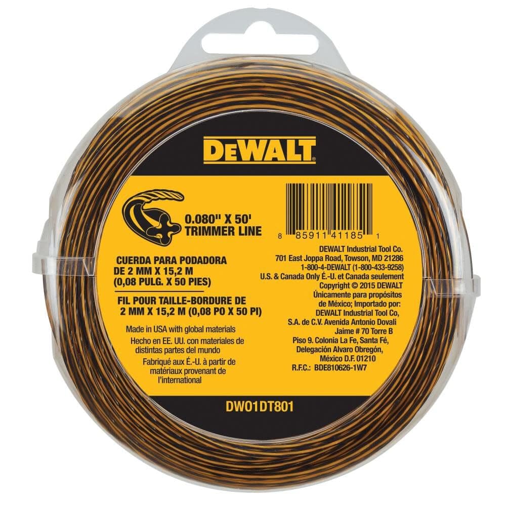 DEWALT hilo instalado en desbrozadora en uso, cortes uniformes y control