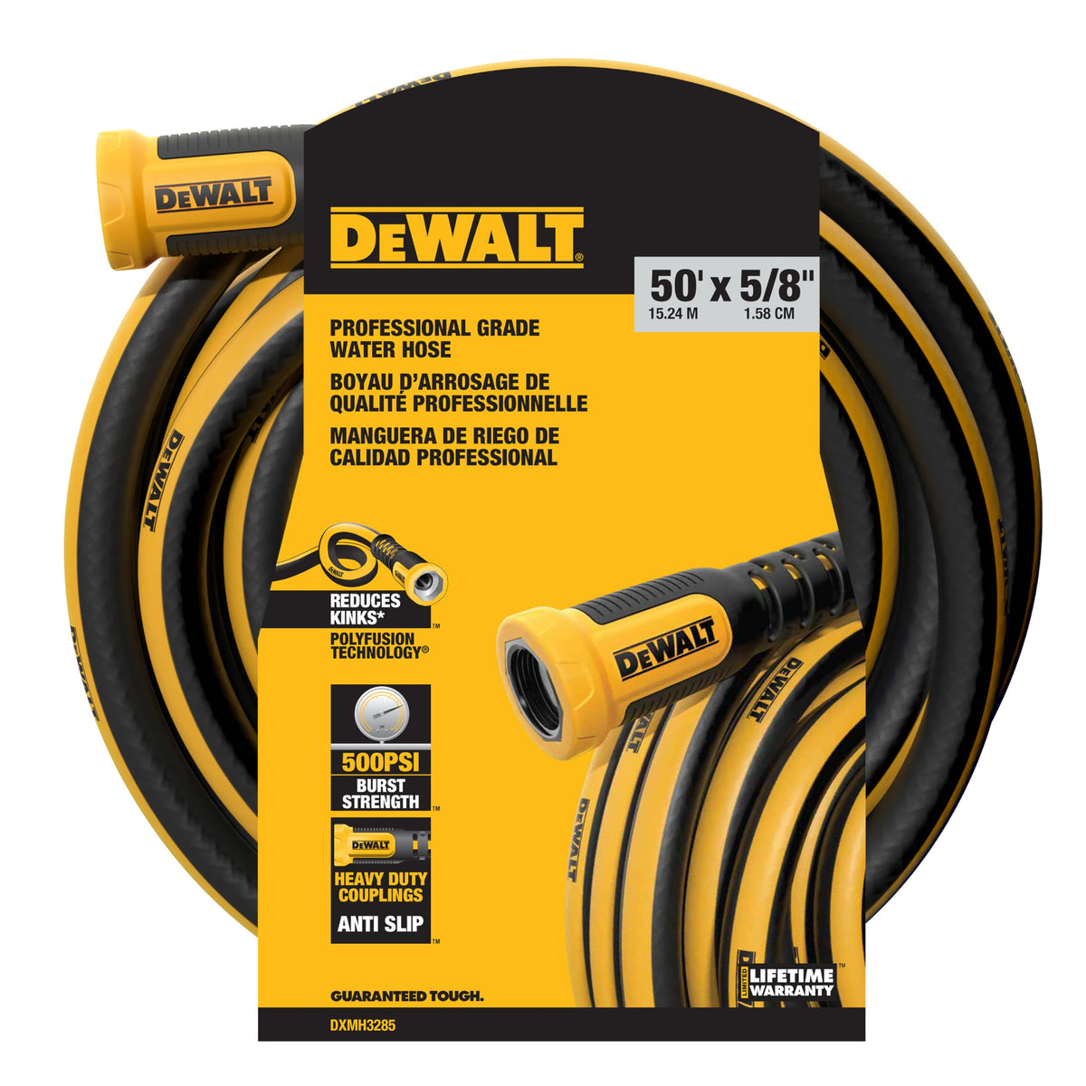 DEWALT vista frontal de la manguera de 50 ft mostrando longitud y acabado duradero