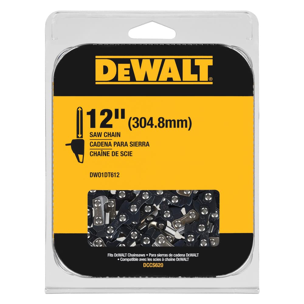 DEWALT espada y cadena 12 pulgadas vista frontal, instala fácilmente y restaura corte