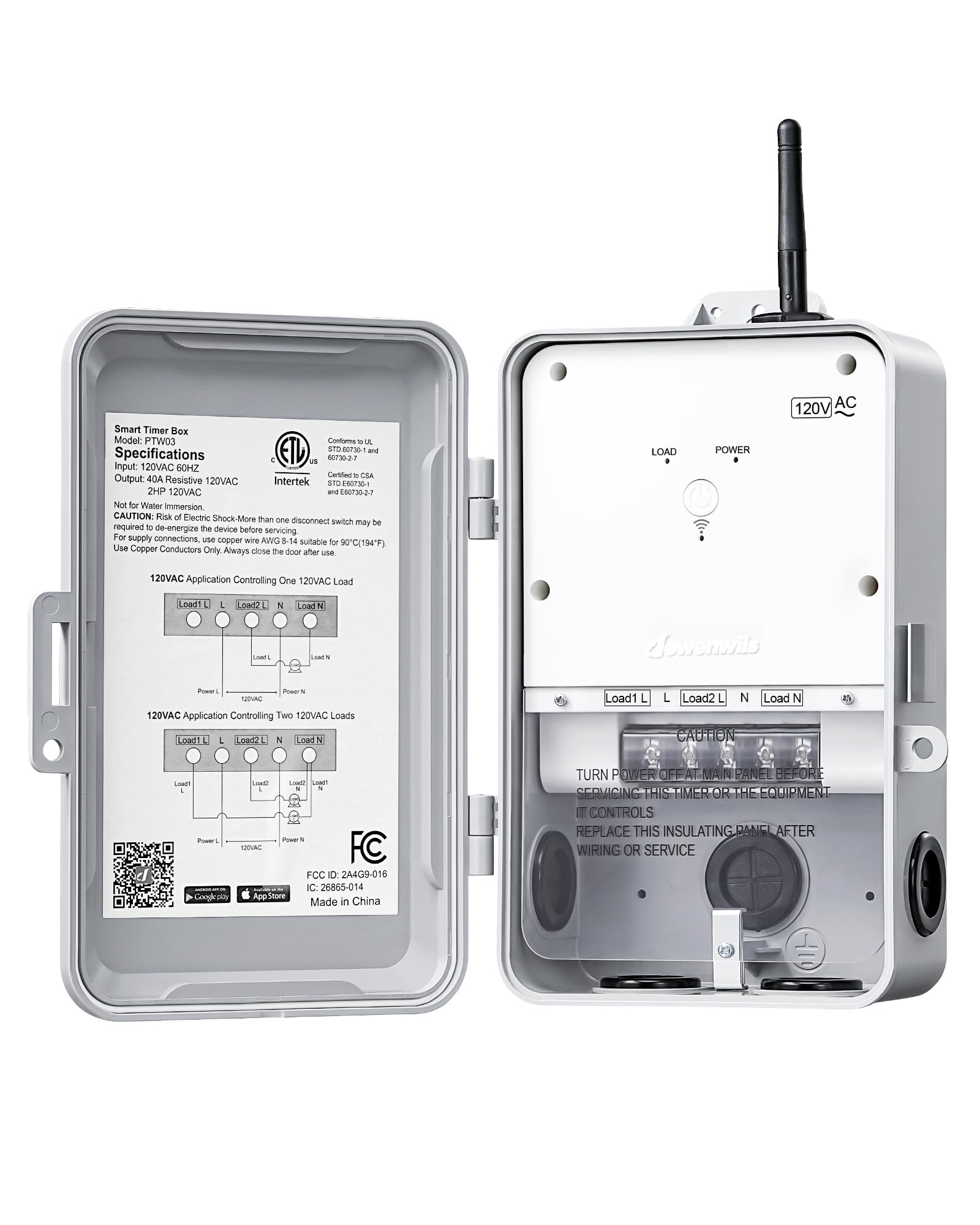 DEWENWILS temporizador exterior frontal mostrando carcasa robusta y conectividad WiFi