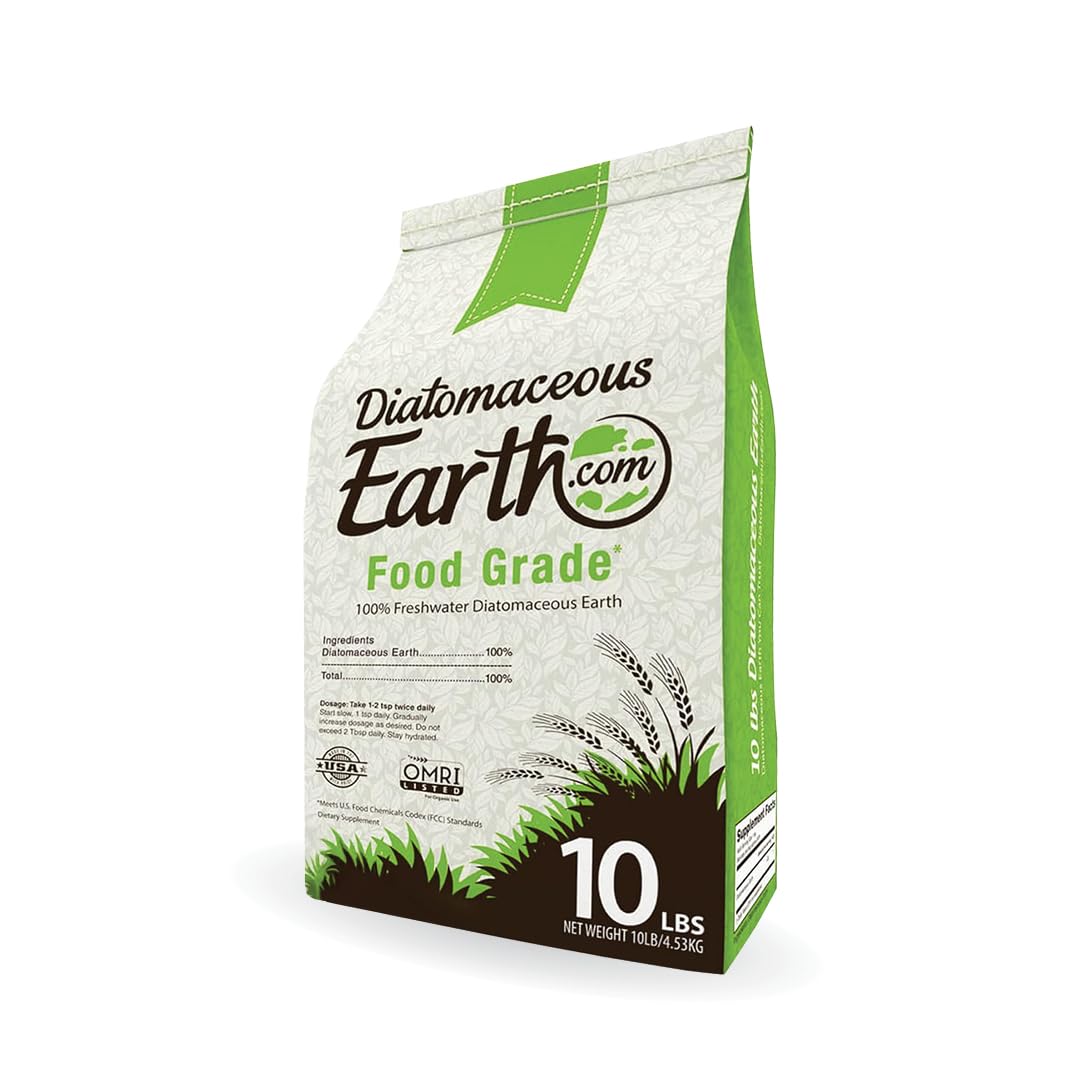Diatomaceous Earth frente del empaque mostrando 10 lb y beneficio de cantidad práctica