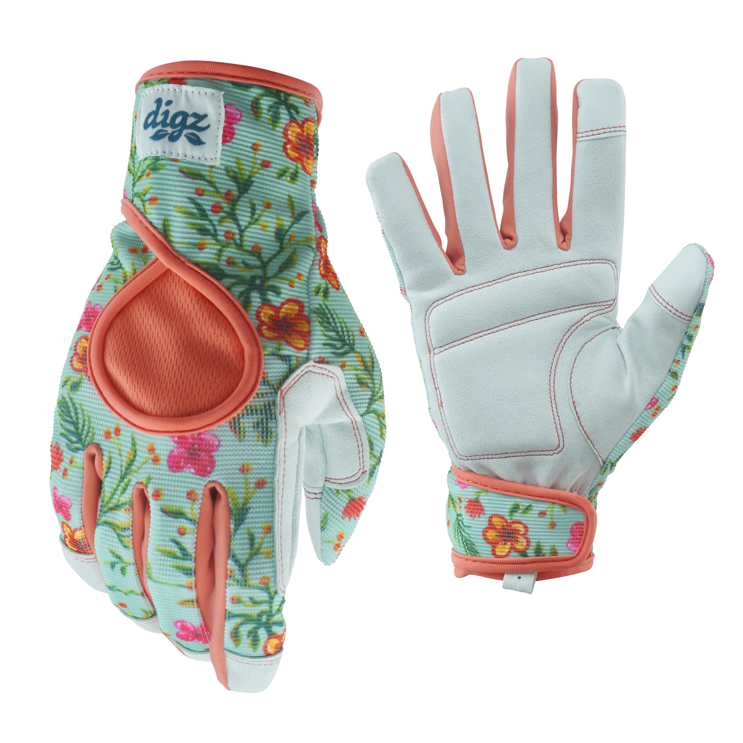 DIGZ guantes vista frontal con etiqueta, protección y estilo para jardinería