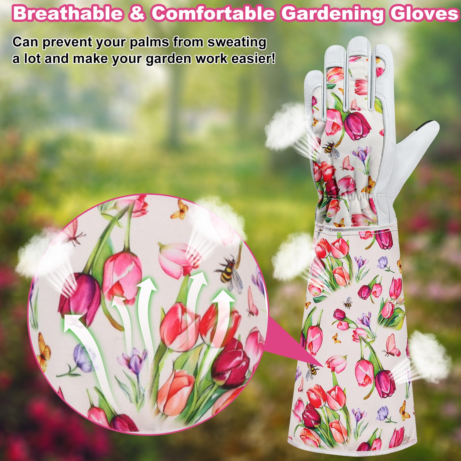 DLY guantes en uso podando rosas con protección visible