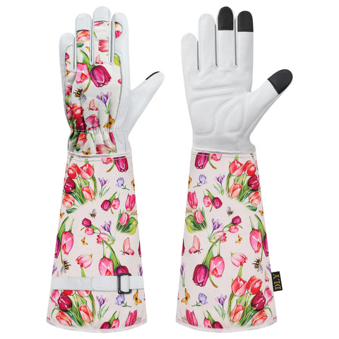 DLY guantes frente mostrando diseño floral y ajuste cómodo