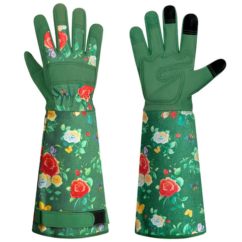 DLY guantes frontal del empaque mostrando diseño floral y tallas