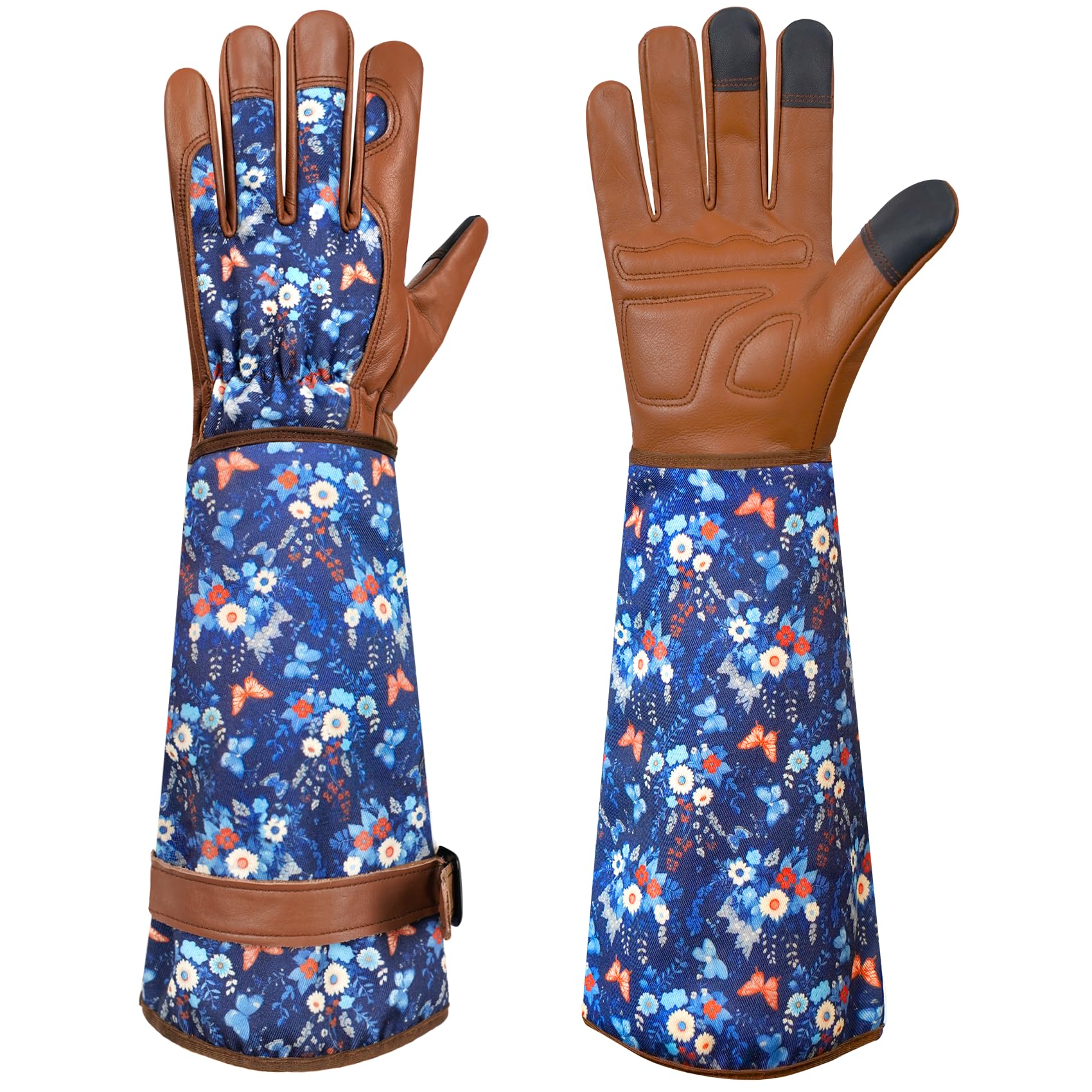 DLY guantes vista frontal con empaquetado y patrón floral, protección visible