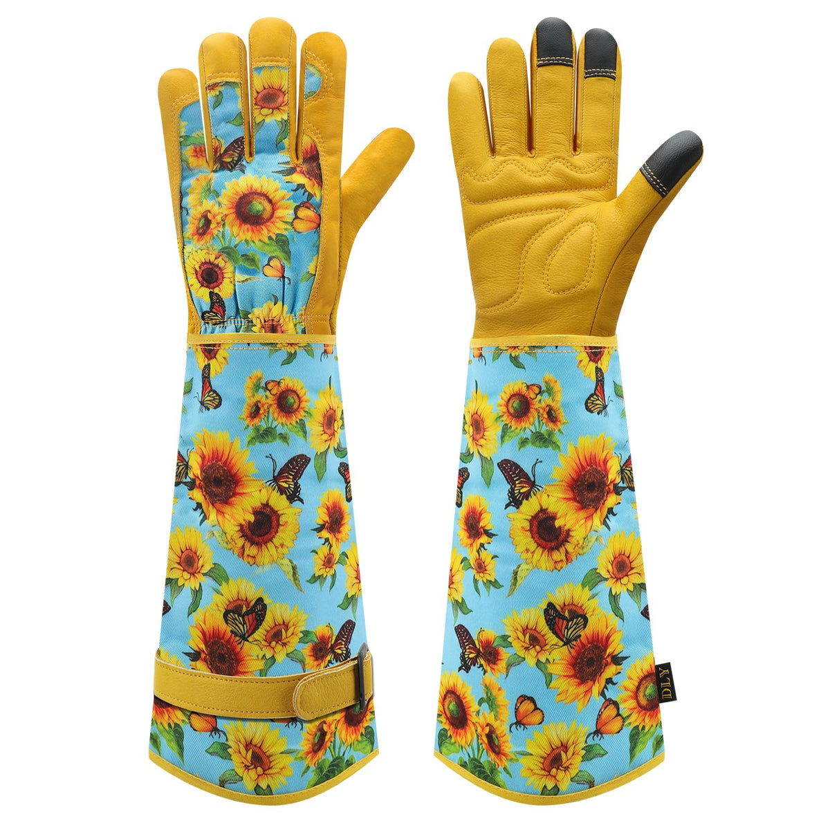 DLY guantes frontal mostrando diseño floral y ajuste cómodo