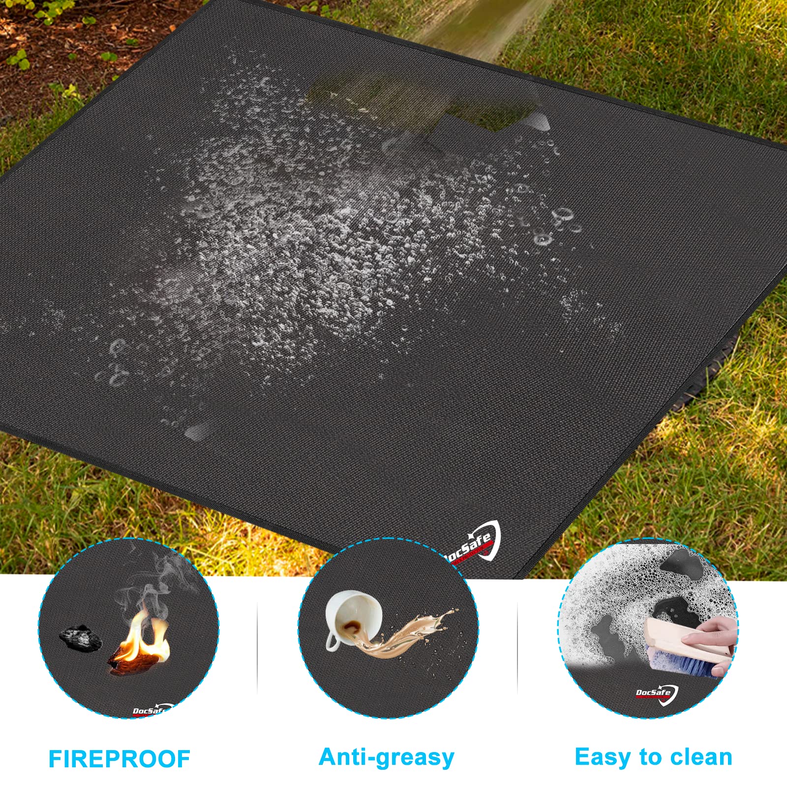 DocSafe colocado bajo quemador de propano evitando manchas de grasa