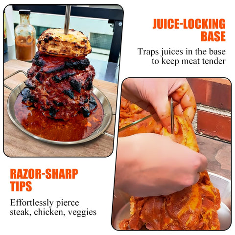 DOLAMOTY carne al pastor en el pincho demostrando apilado y jugos intensos