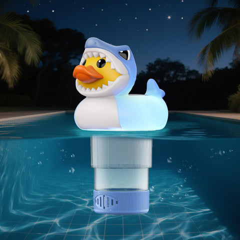 Doli Yearning flotador pato‑tiburón frontal mostrando diseño y capacidad
