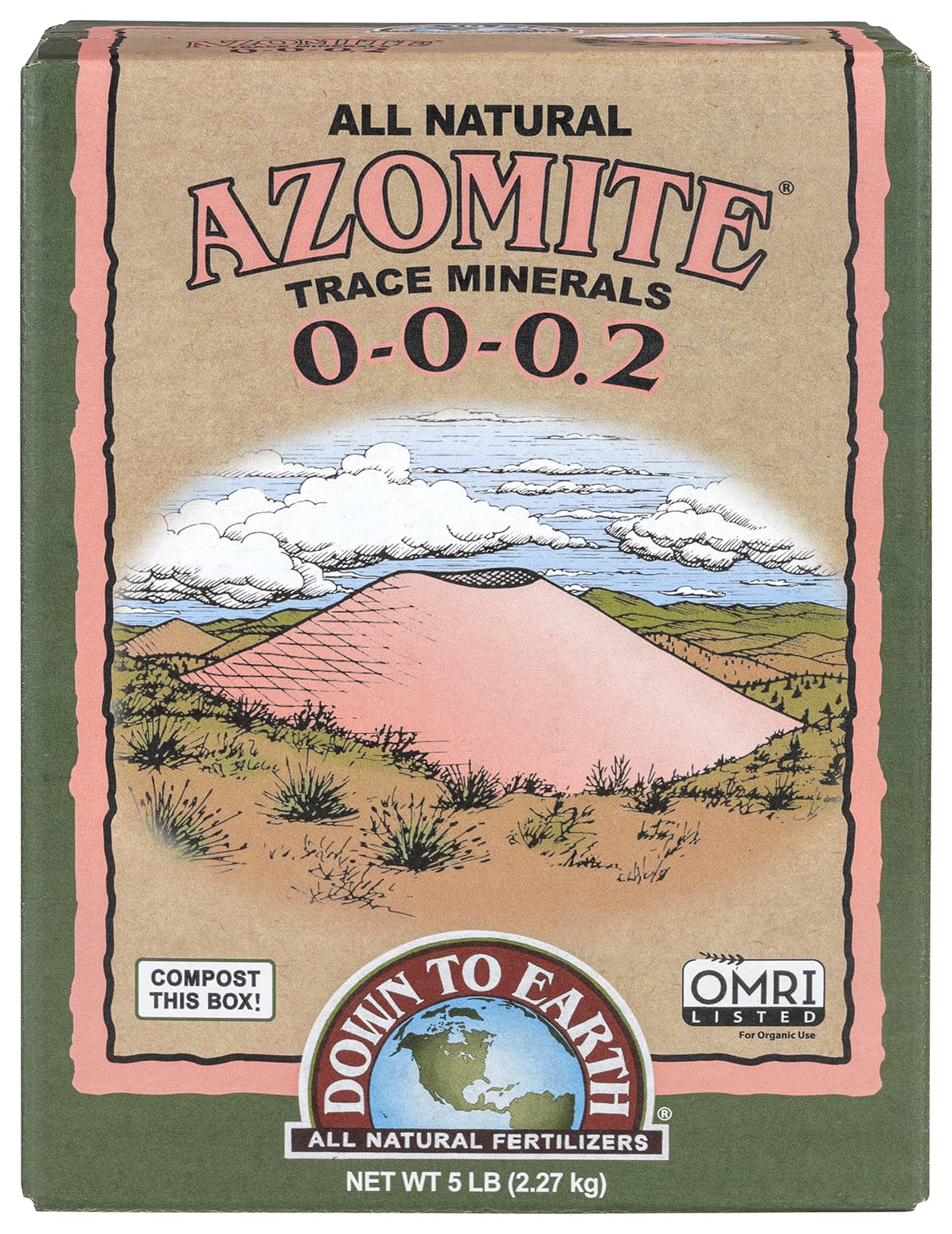 Down To Earth Azomite envase frontal mostrando 5 lb y beneficio de remineralizar suelos