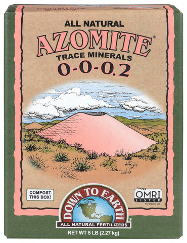Down To Earth Azomite envase frontal mostrando 5 lb y beneficio de remineralizar suelos