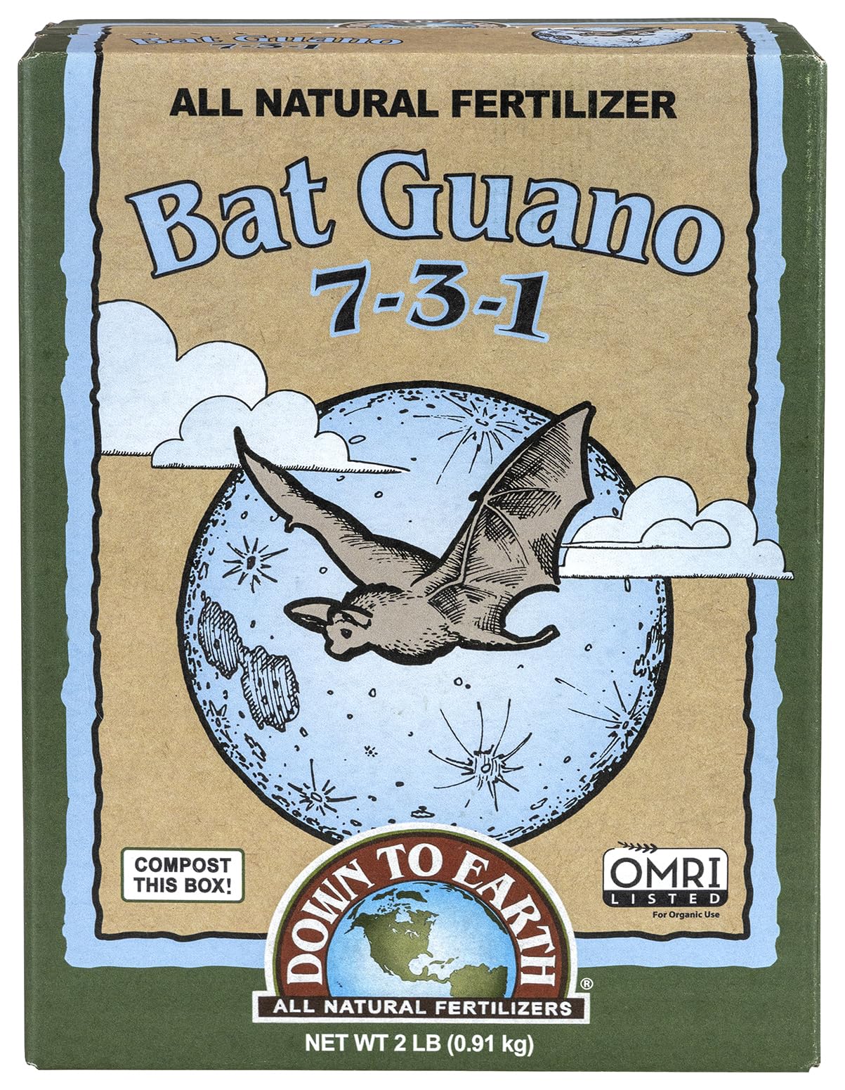 Down To Earth frente del paquete de guano orgánico, presentación 2 lb y fácil almacenamiento