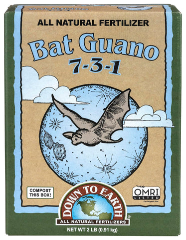 Down To Earth frente del paquete de guano orgánico, presentación 2 lb y fácil almacenamiento