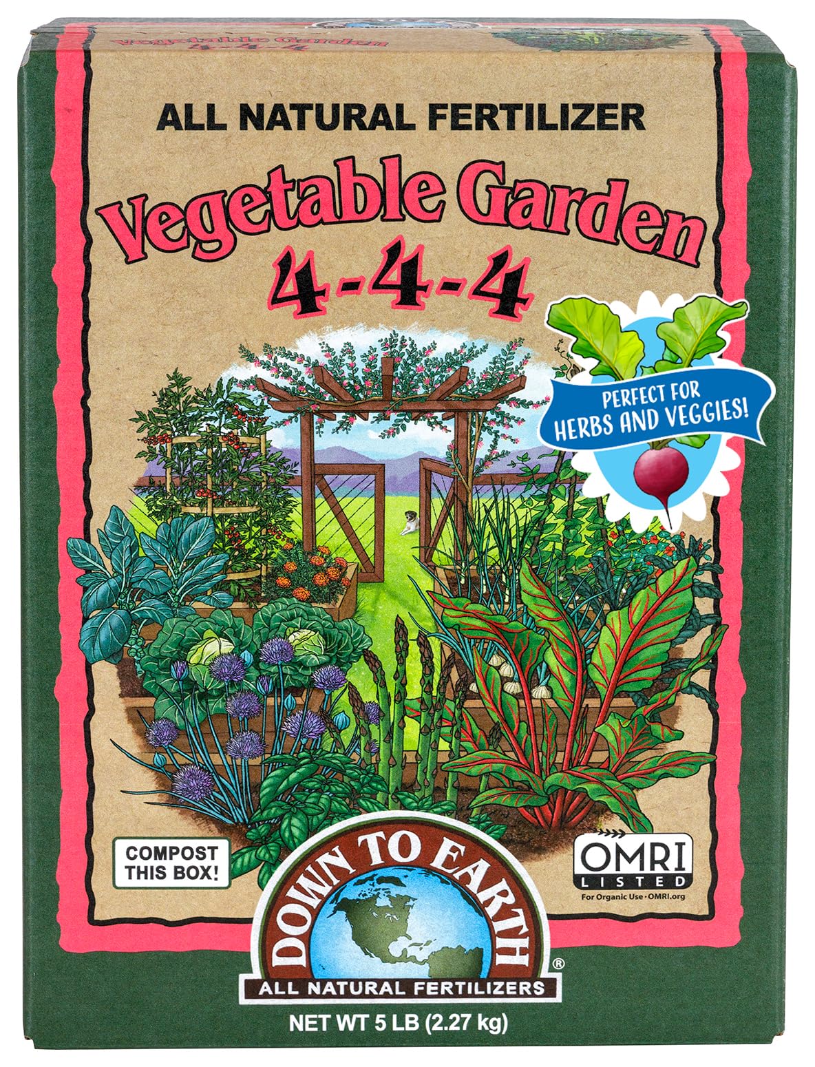 Down To Earth frente del envase 5 lb mostrando la marca y beneficios